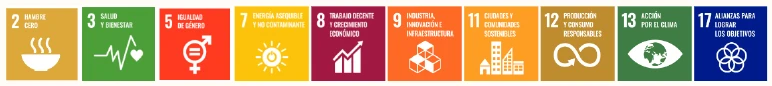 Objetivos de Desarrollo Sostenible de la ONU: 2 Hambre cero, 3 Salud y bienestar, 5 Igualdad de género, 7 Energía asequible y no contaminante, 8 Trabajo decente y crecimiento económico, 9 Industria innovación e infraestructura, 11 Ciudades y comunidades sostenibles, 12 Producción y consumo responsables, 13 Acción por el clima, 17 Alianzas para lograr los objetivos